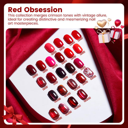 Rosiour HEMA/TPO-Free Fall Winter Gel Nail Polish Set – 24 × 18ml Red Cat Eye & Burgundy Glitter with Matte & Glossy Base, Primer & Blooming Builder