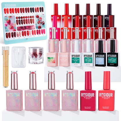 Rosiour HEMA/TPO-Free Fall Winter Gel Nail Polish Set – 24 × 18ml Red Cat Eye & Burgundy Glitter with Matte & Glossy Base, Primer & Blooming Builder
