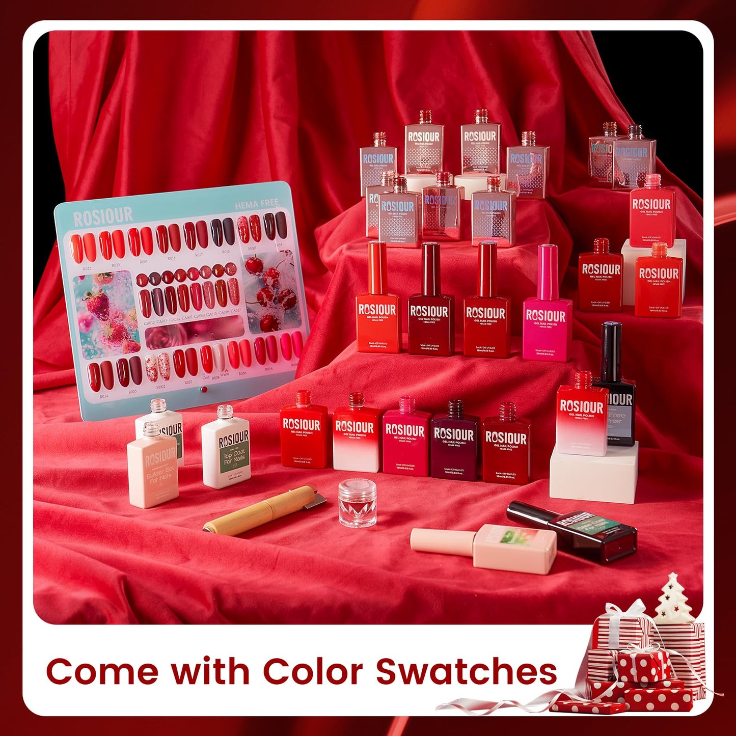Rosiour HEMA/TPO-Free Fall Winter Gel Nail Polish Set – 24 × 18ml Red Cat Eye & Burgundy Glitter with Matte & Glossy Base, Primer & Blooming Builder