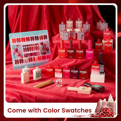 Rosiour HEMA/TPO-Free Fall Winter Gel Nail Polish Set – 24 × 18ml Red Cat Eye & Burgundy Glitter with Matte & Glossy Base, Primer & Blooming Builder