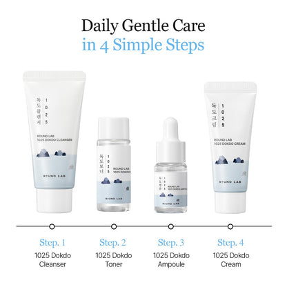 ROUND LAB 1025 Dokdo Hydrating Mini Size Kit – 4-Step Travel Skincare Set (Cleanser, Toner, Ampule, Cream)