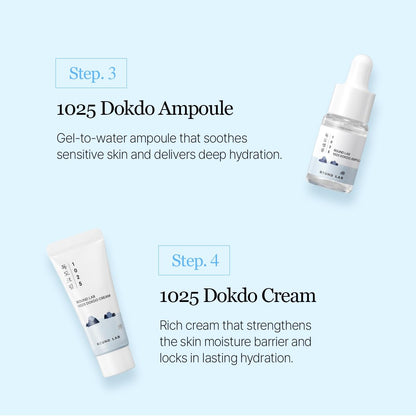 ROUND LAB 1025 Dokdo Hydrating Mini Size Kit – 4-Step Travel Skincare Set (Cleanser, Toner, Ampule, Cream)