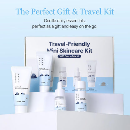 ROUND LAB 1025 Dokdo Hydrating Mini Size Kit – 4-Step Travel Skincare Set (Cleanser, Toner, Ampule, Cream)