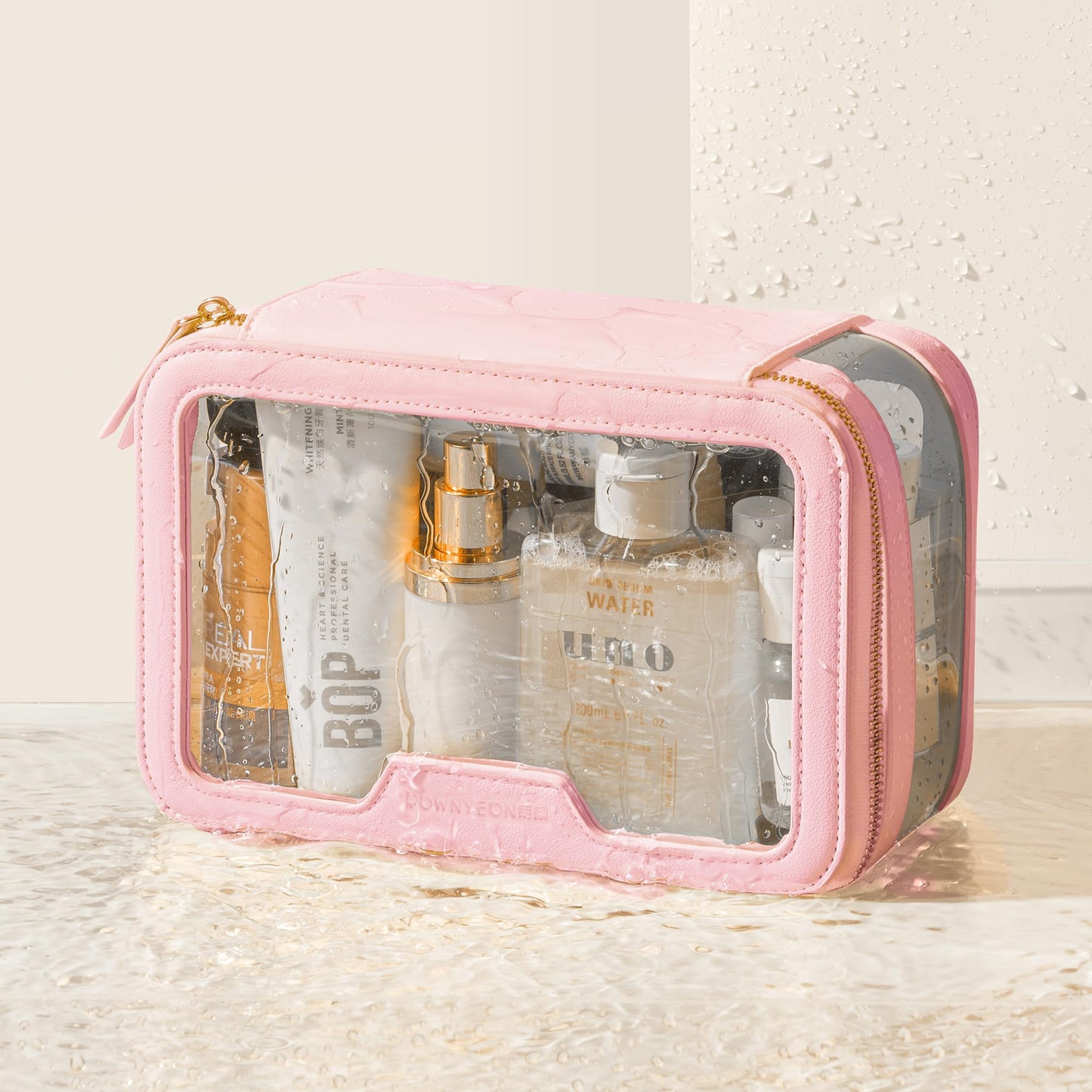 ROWNYEON Clear Makeup Bag - PVC Clear Toiletry Bag for Women, Waterproof Faux Leather, Large Opening, Gold Zippers