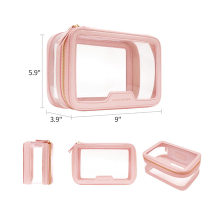 ROWNYEON Clear Makeup Bag - PVC Clear Toiletry Bag for Women, Waterproof Faux Leather, Large Opening, Gold Zippers