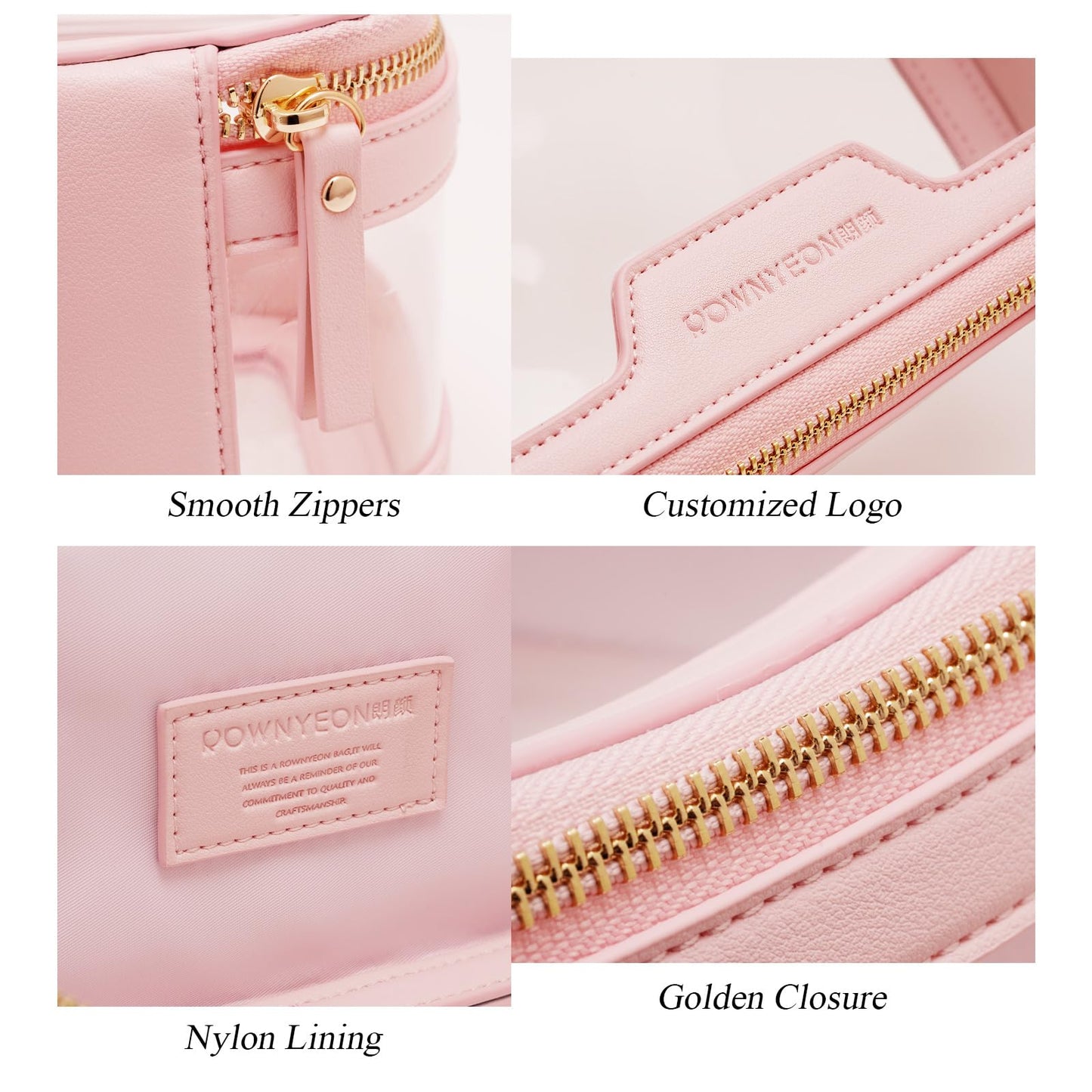 ROWNYEON Clear Makeup Bag - PVC Clear Toiletry Bag for Women, Waterproof Faux Leather, Large Opening, Gold Zippers