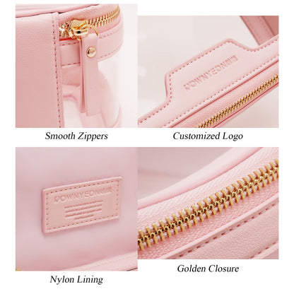 ROWNYEON Clear Makeup Bag - PVC Clear Toiletry Bag for Women, Waterproof Faux Leather, Large Opening, Gold Zippers