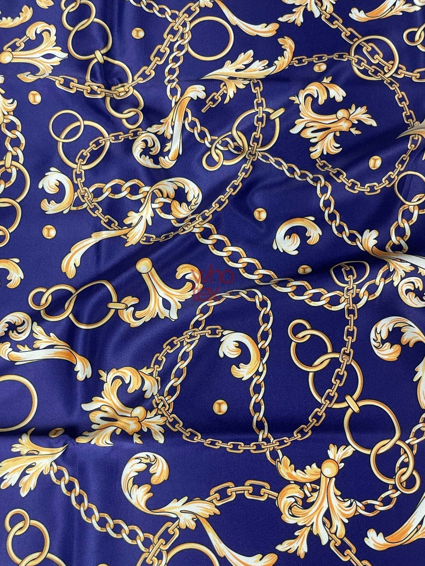 Royal Blue Fabric with Gold Chains & Baroque Scrolls by Metre