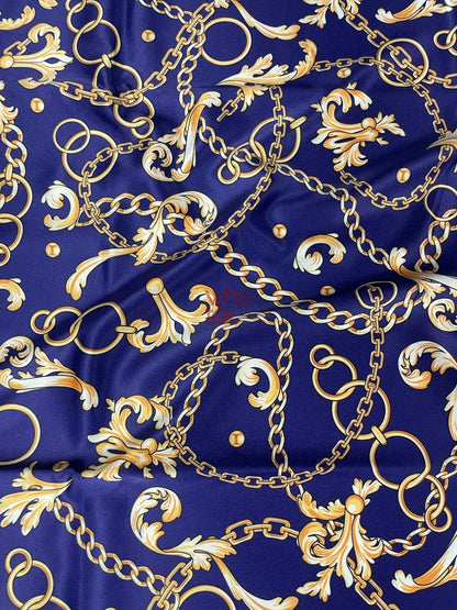 Royal Blue Fabric with Gold Chains & Baroque Scrolls by Metre