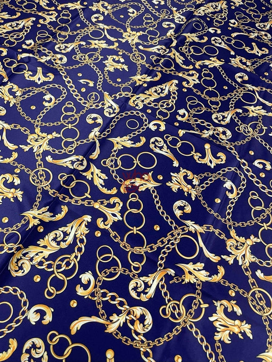 Royal Blue Fabric with Gold Chains & Baroque Scrolls by Metre