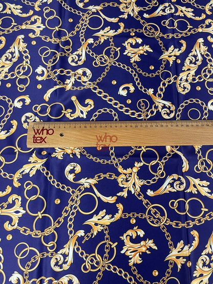Royal Blue Fabric with Gold Chains & Baroque Scrolls by Metre