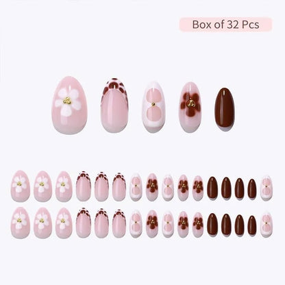 RPNZL Blossom Press On Nails – Floral Almond UV Finish, 32 Nails, 16 Sizes