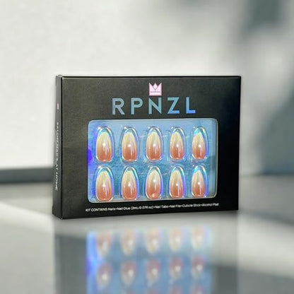 RPNZL Press On Nails Cafe Latte – Chrome Ombre French Tip, UV Finish Almond Nails, 32 Nails (16 Sizes) with Glue & Tabs | Female Founded