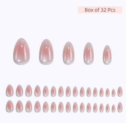 RPNZL Halo Press On Nails – White & Pink Cat Eye UV Finish, Medium Almond, 32 Nails Kit (16 Sizes)