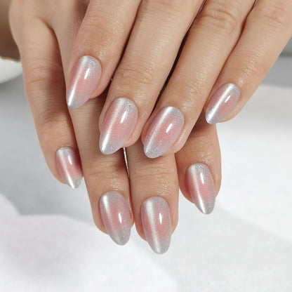 RPNZL Halo Press On Nails – White & Pink Cat Eye UV Finish, Medium Almond, 32 Nails Kit (16 Sizes)