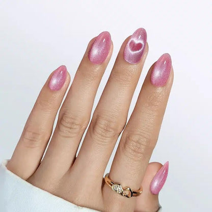 RPNZL Love Beam Press On Nails – Heart Cat Eye, UV Finish Almond, 32 Nails Kit