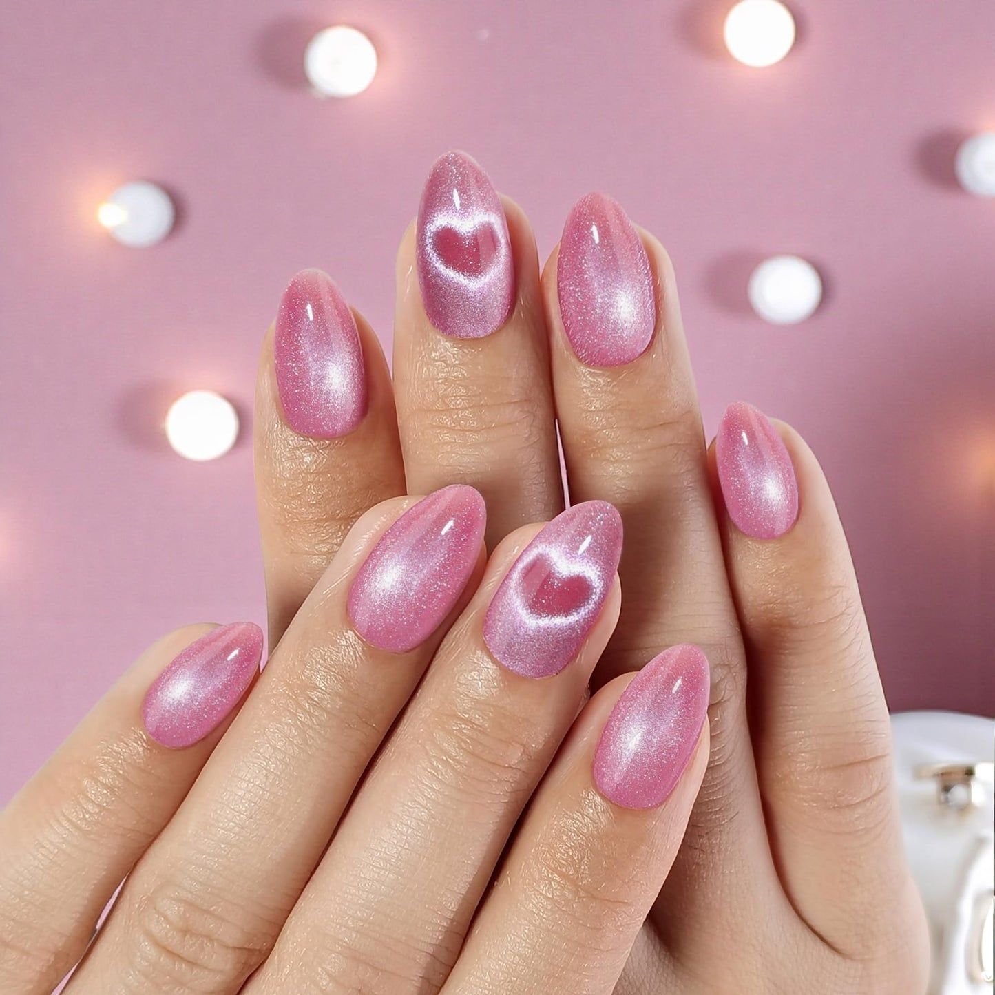RPNZL Love Beam Press On Nails – Heart Cat Eye, UV Finish Almond, 32 Nails Kit
