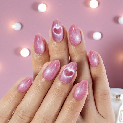 RPNZL Love Beam Press On Nails – Heart Cat Eye, UV Finish Almond, 32 Nails Kit