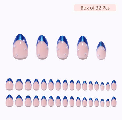 RPNZL Ocean Press On Nails – Blue Chrome French Tip with Pearl Design, UV Finish, Almond Nails, 32 Nails in 16 Sizes, Glue & Tabs Included