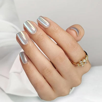 RPNZL Press On Nails - Opal Chrome Cateye High Gloss Square | 32 Nails, 16 Sizes, Glue & Tabs