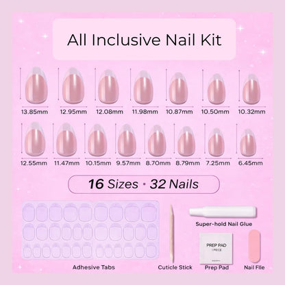 RPNZL Press On Nails - Pearl | Bubble Bath Medium Almond, Reusable Salon-Quality Kit (32 Nails, 16 Sizes)