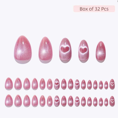 RPNZL Love Beam Press On Nails – Heart Cat Eye, UV Finish Almond, 32 Nails Kit
