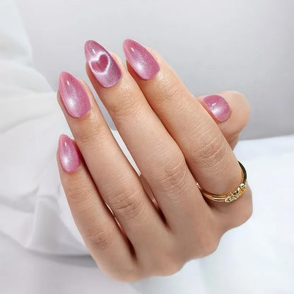 RPNZL Love Beam Press On Nails – Heart Cat Eye, UV Finish Almond, 32 Nails Kit
