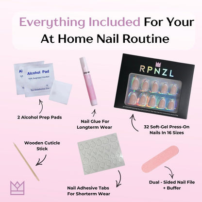RPNZL Press On Nails - Sugar Pink Polka Dot UV Finish Almond Nails, 32 Nails, 16 Sizes, Glue & Tabs