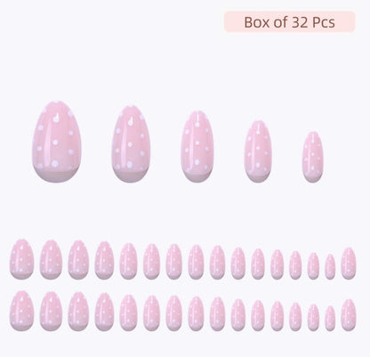 RPNZL Press On Nails - Sugar Pink Polka Dot UV Finish Almond Nails, 32 Nails, 16 Sizes, Glue & Tabs