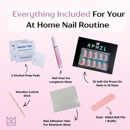 RPNZL Sweetie Chrome Press On Nails – White French Tip, Short Square | 32 Nails, 16 Sizes, Glue & Tabs