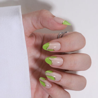 RTKHFZE Press On Nails Almond – French Tip Short with Gold Foil (16 Sizes) | Glue-On