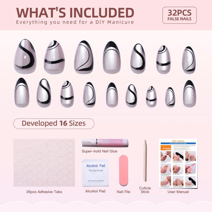 RTKHFZE Press On Nails Almond – Soft Gel Swirl French Tip, Short, 16 Sizes, Glue & Tabs Kit