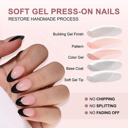 RTKHFZE Short Press On Nails – French Tip Almond, Soft Gel, 32 Nails Kit (16 Sizes) | Black French