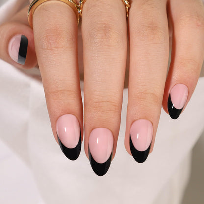 RTKHFZE Short Press On Nails – French Tip Almond, Soft Gel, 32 Nails Kit (16 Sizes) | Black French