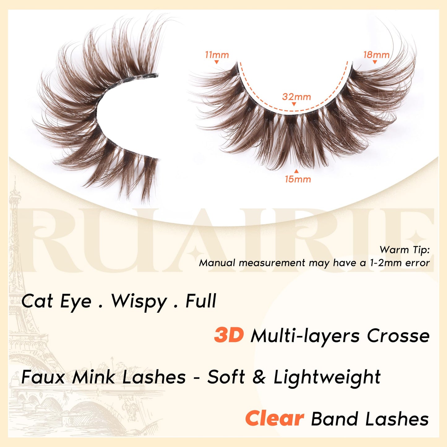 Ruairie Brown Lashes Wispy Cat Eye CD-Curly | 7 Pairs, 11–18mm Full Strip Lashes