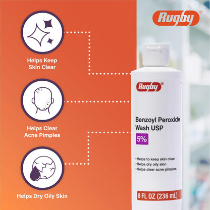 Rugby Benzoyl Peroxide Wash 5% - Clear Acne & Control Oily Skin - 8 fl oz | Rugby Laboratories