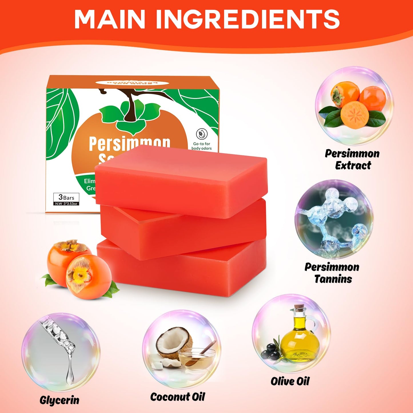Runsidan 3 PCS Persimmon Soap Bar for Body Odor Control | Natural Deodorant Bath Soap