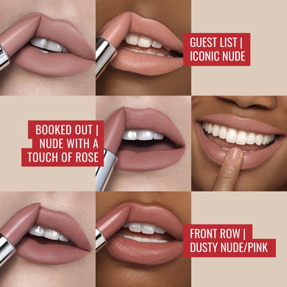 Runway Rogue 90s Vibe Lipstick Trio – Moisturizing Matte Shades: Guest List, Booked Out, Front Row