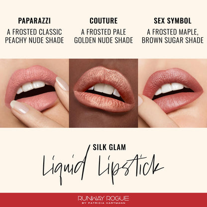 Runway Rogue Silk Glam Lip Trio – Long-Wear Frosted Lipsticks in Paparazzi, Couture, Sex Symbol