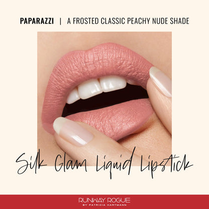 Runway Rogue Silk Glam Liquid Lipstick Paparazzi — Long-Wear Frosted Peachy Nude