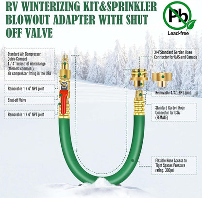 RV Winterizing Kit Air Water Blowout Adapter Plug with Valve Universal