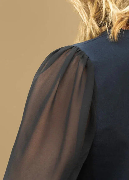 DAPHNE sheer sleeve top, navy