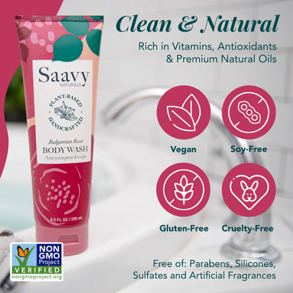 Saavy Naturals Moisturizing Body Wash for Sensitive Skin – Bulgarian Rose, Plant-Based & Paraben-Free – 8.5 fl oz, 2 Pack