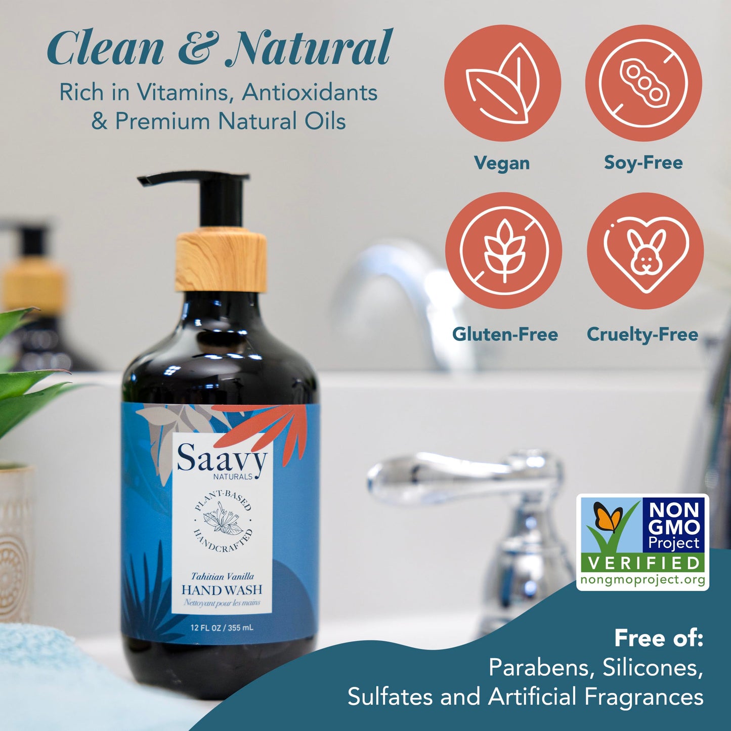 Saavy Naturals Hand Wash – Plant-Based, Sulfate-Free with Aloe Vera & Shea Butter – Tahitian Vanilla – 12 fl oz, 2 Pack