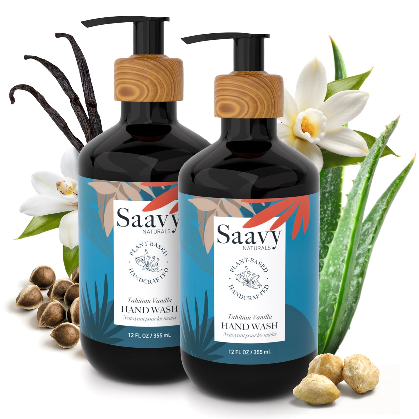 Saavy Naturals Hand Wash – Plant-Based, Sulfate-Free with Aloe Vera & Shea Butter – Tahitian Vanilla – 12 fl oz, 2 Pack
