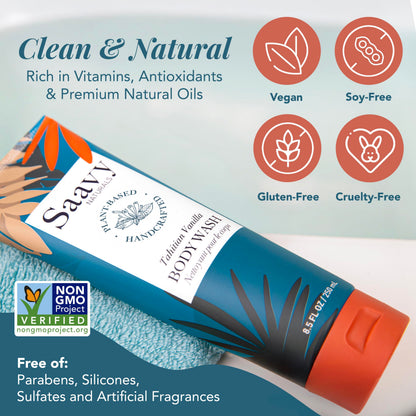 Saavy Naturals Moisturizing Body Wash for Sensitive Skin – Tahitian Vanilla, Coconut Oil & Aloe – 8.5 fl oz – Paraben-Free