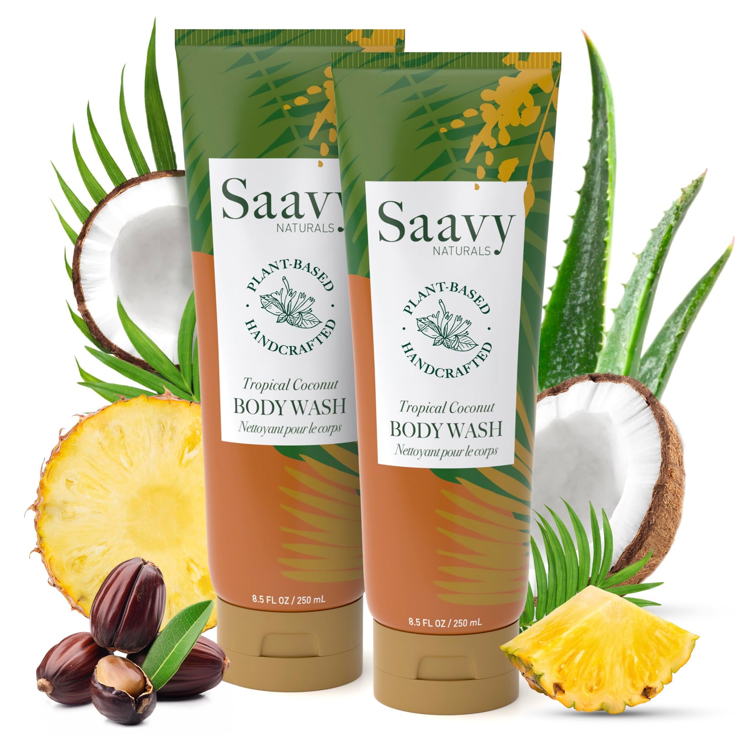 Saavy Naturals Moisturizing Body Wash for Sensitive Skin — Coconut Oil, Shea Butter & Aloe Vera | Paraben-Free, Cruelty-Free | Tropical Coconut | 8.5 fl oz, 2 pack