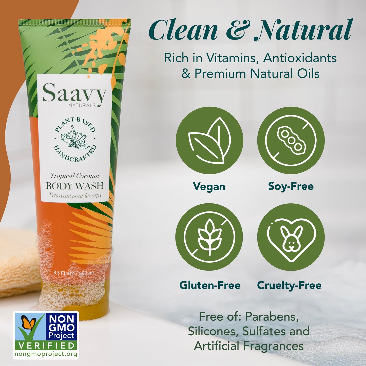 Saavy Naturals Moisturizing Body Wash for Sensitive Skin — Coconut Oil, Shea Butter & Aloe Vera | Paraben-Free, Cruelty-Free | Tropical Coconut | 8.5 fl oz, 2 pack
