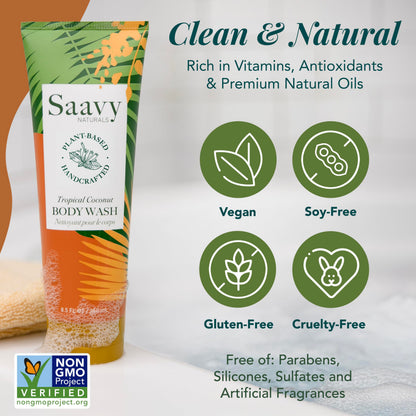 Saavy Naturals Moisturizing Body Wash for Sensitive Skin — Coconut Oil, Shea Butter & Aloe Vera | Paraben-Free, Cruelty-Free | Tropical Coconut | 8.5 fl oz, 2 pack