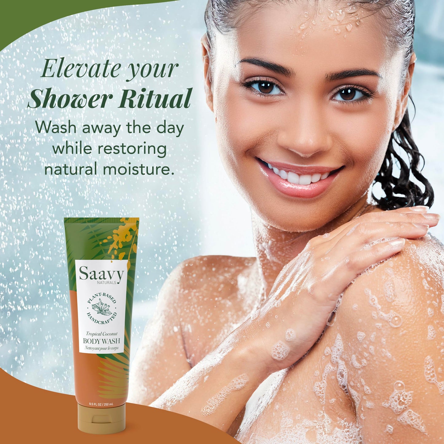 Saavy Naturals Moisturizing Body Wash for Sensitive Skin — Coconut Oil, Shea Butter & Aloe Vera | Paraben-Free, Cruelty-Free | Tropical Coconut | 8.5 fl oz, 2 pack